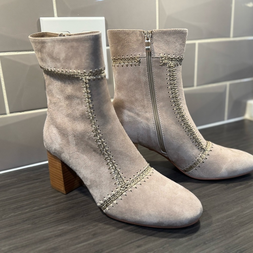 Anthropologie Taupe Suede Heeled Boots